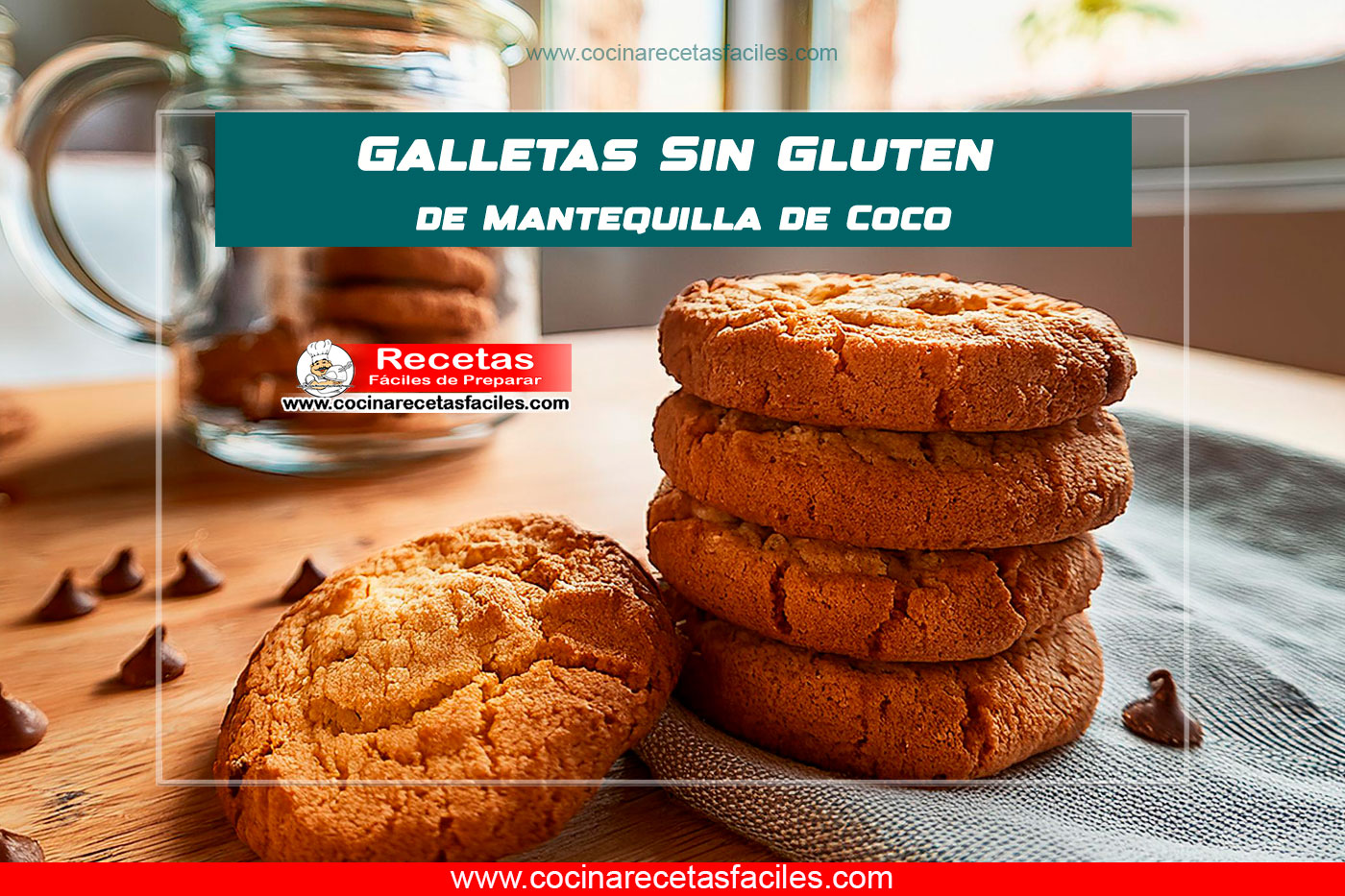Galletas sin gluten de mantequilla de coco en una cocina iluminada naturalmente."