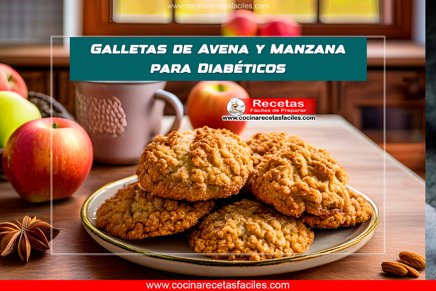 Galletas de avena y manzana, doradas y crujientes, decoradas con trozos de manzana fresca y canela en polvo