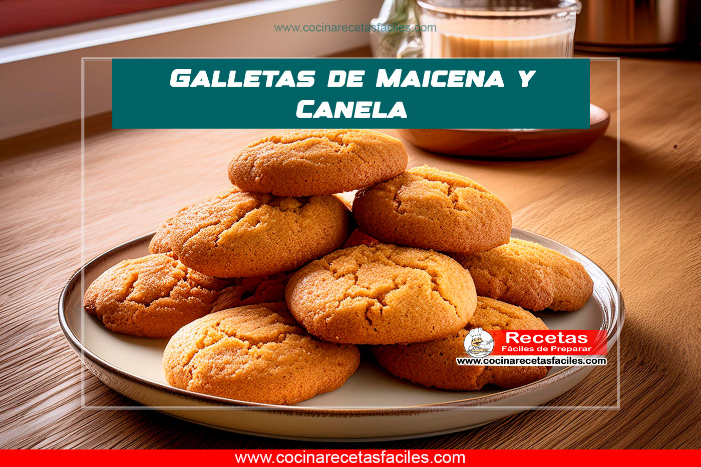 Galletas de maicena y canela servidas en un plato sobre una mesa de madera con mantel, en una cocina luminosa con luz natural