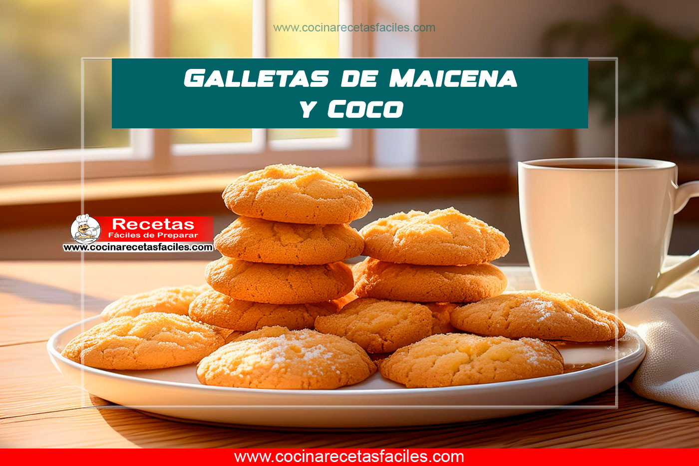 Galletas de maicena y coco doradas servidas en un plato sobre una mesa de madera con mantel blanco, en una cocina luminosa con luz natural