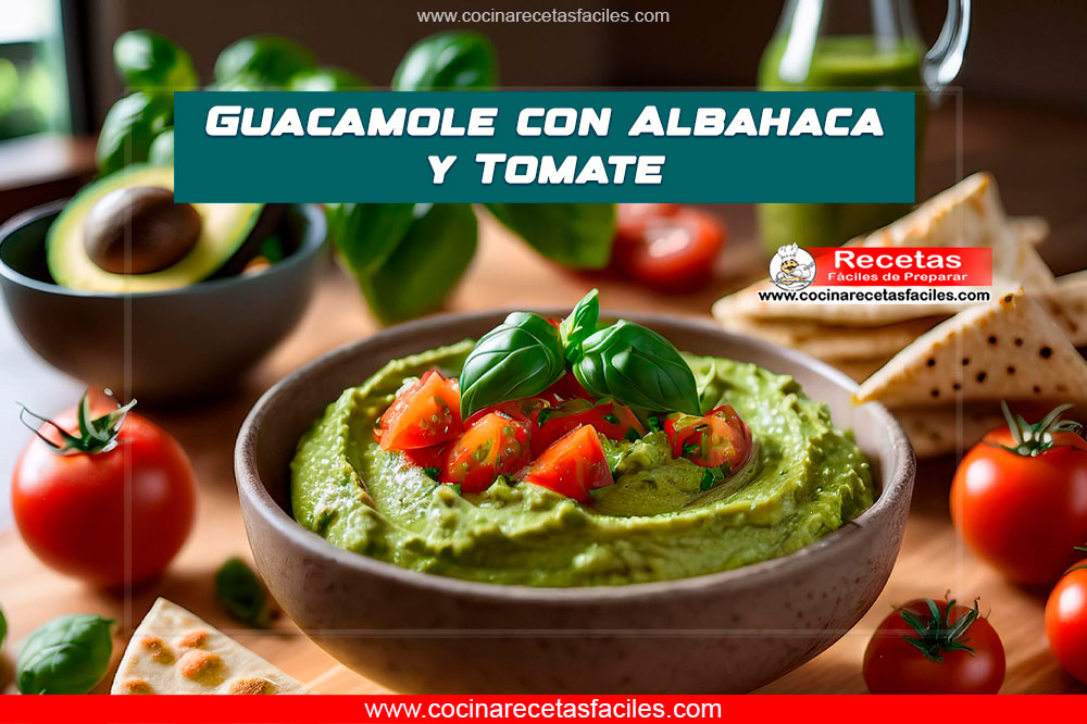 Tazón de guacamole con albahaca y tomate, acompañado de pan pita y tomates cherry partidos