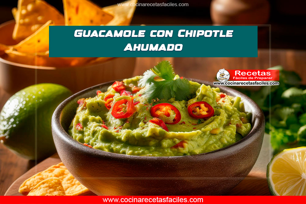Tazón de guacamole con chipotle ahumado, acompañado de chips de tortilla y limones partidos