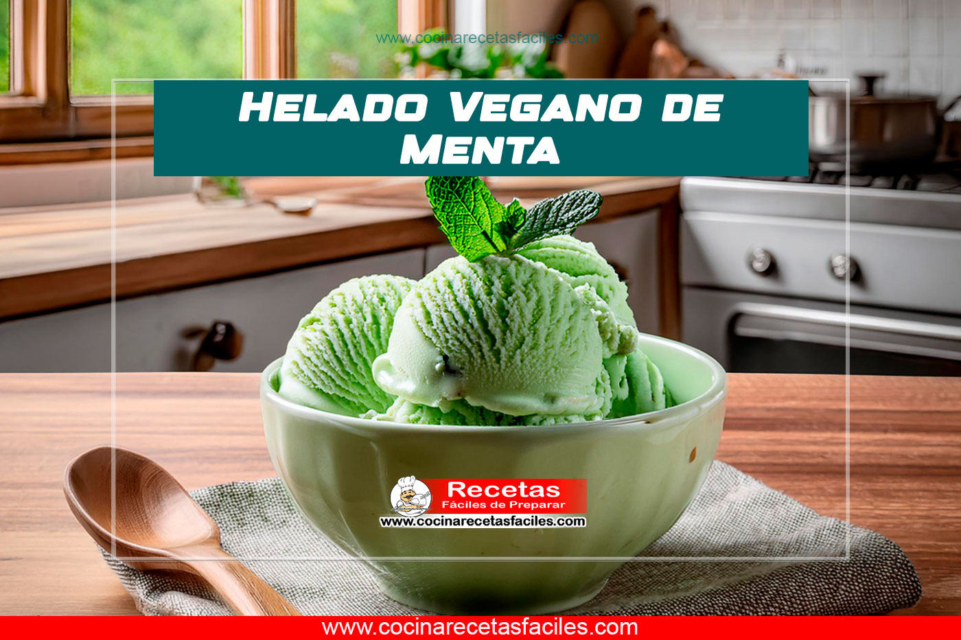 Helado vegano de menta servido en un bol sobre una mesa de madera con mantel, en una cocina iluminada con luz natural