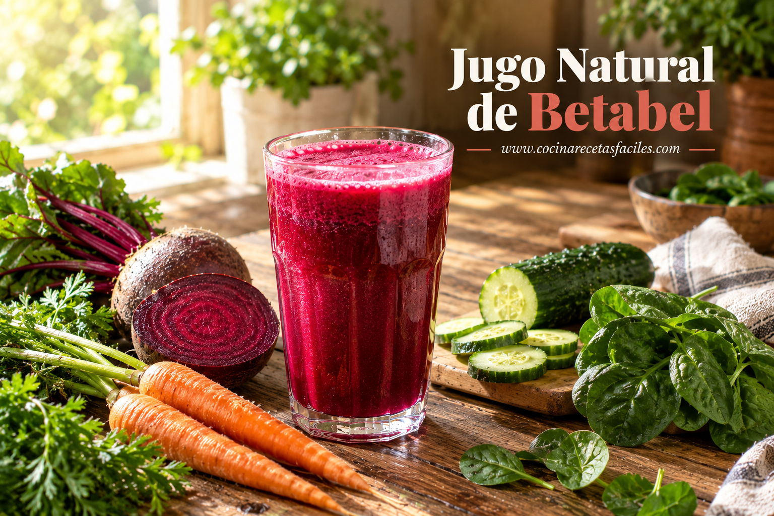 Vaso de jugo rojo de remolacha, espinacas, pepinos y zanahorias sobre una mesa de madera