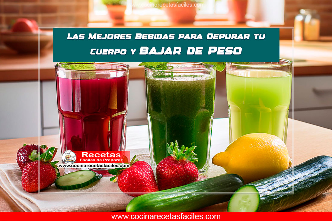 Varios vasos con bebidas detox naturales en una cocina iluminada