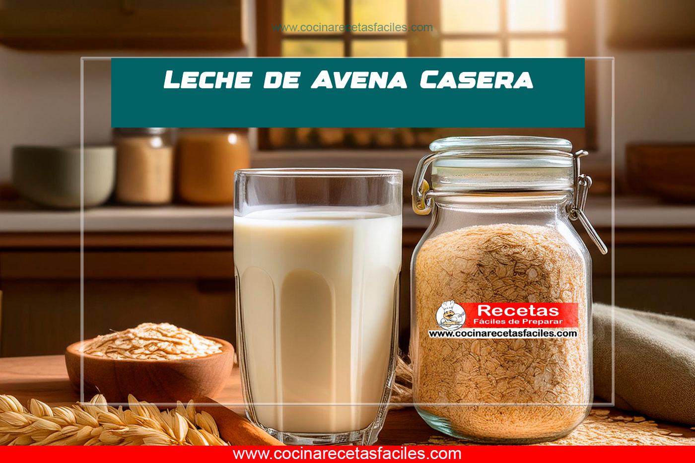 "Vaso de leche de avena sobre una mesa de madera en una cocina iluminada naturalmente."