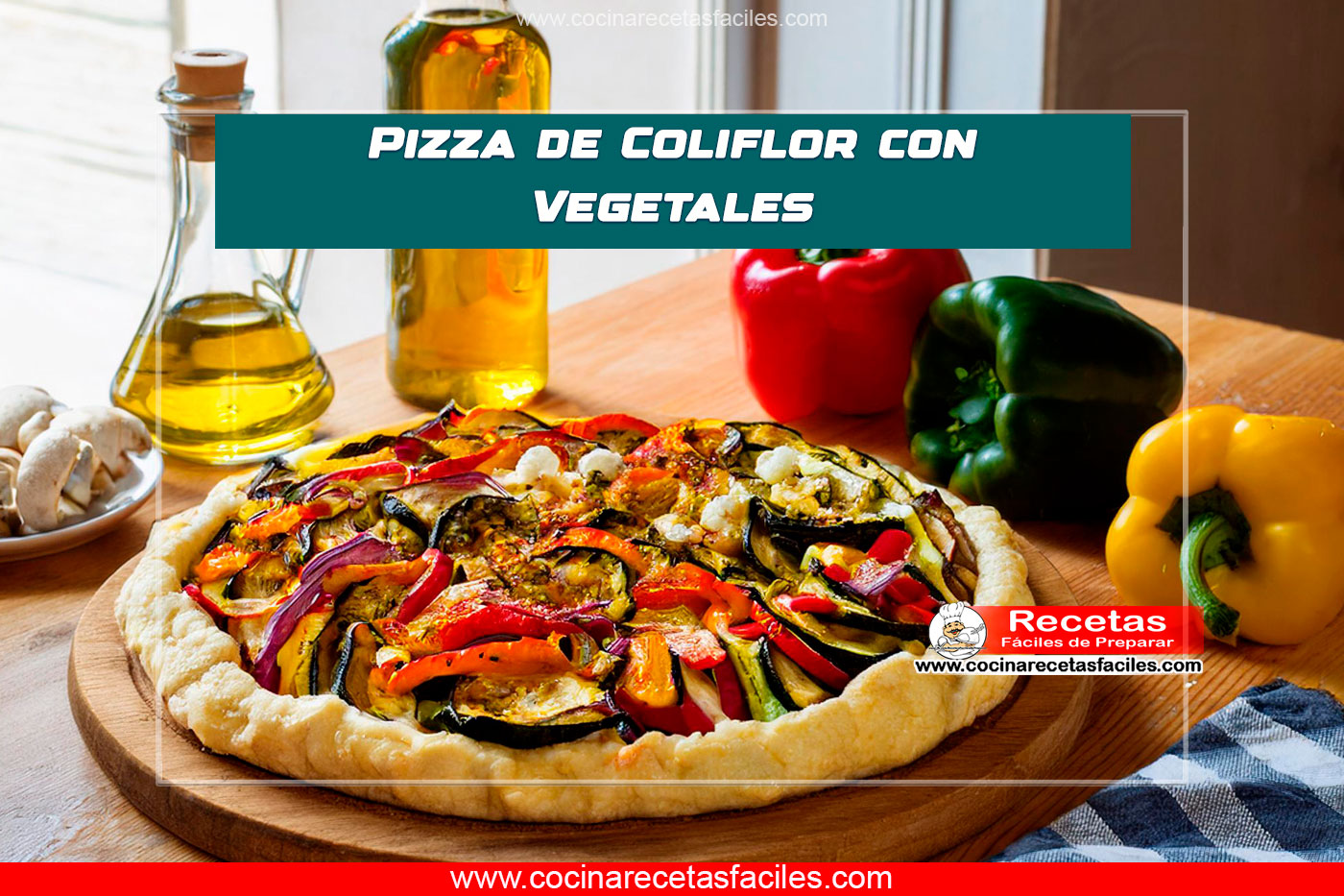 Pizza de coliflor con vegetales, decorada con pimientos, calabacín, cebolla y albahaca fresca