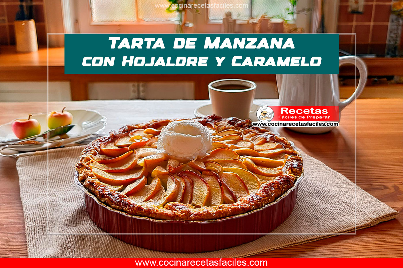 Tarta de manzana con hojaldre y caramelo recién horneada
