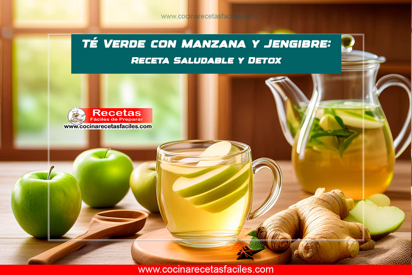 "Taza de té verde con rodajas de manzana y tiras de jengibre fresco, rodeada de ingredientes frescos."