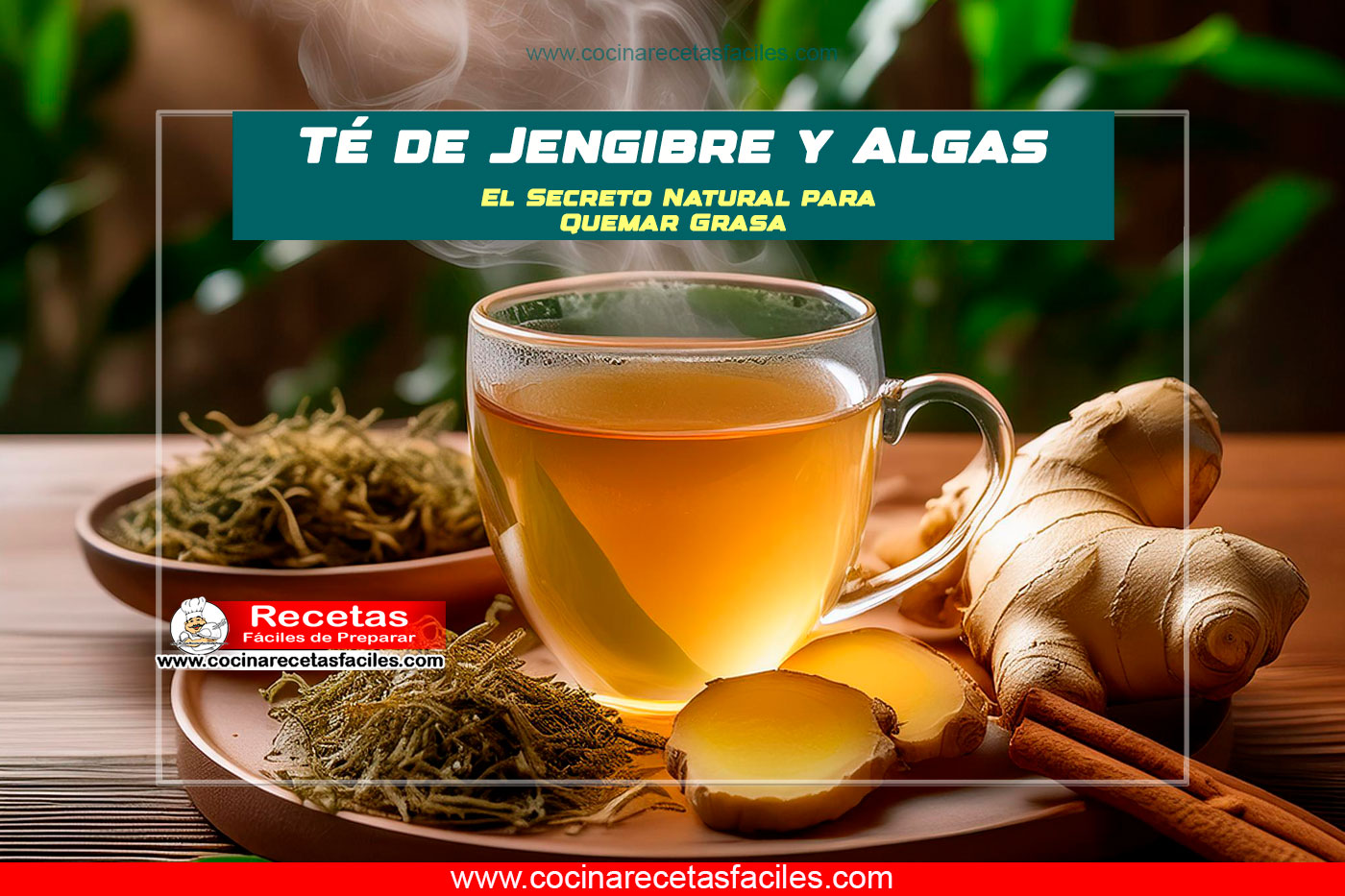 "Taza de té de jengibre con rodajas frescas y algas marinas secas en un ambiente natural."