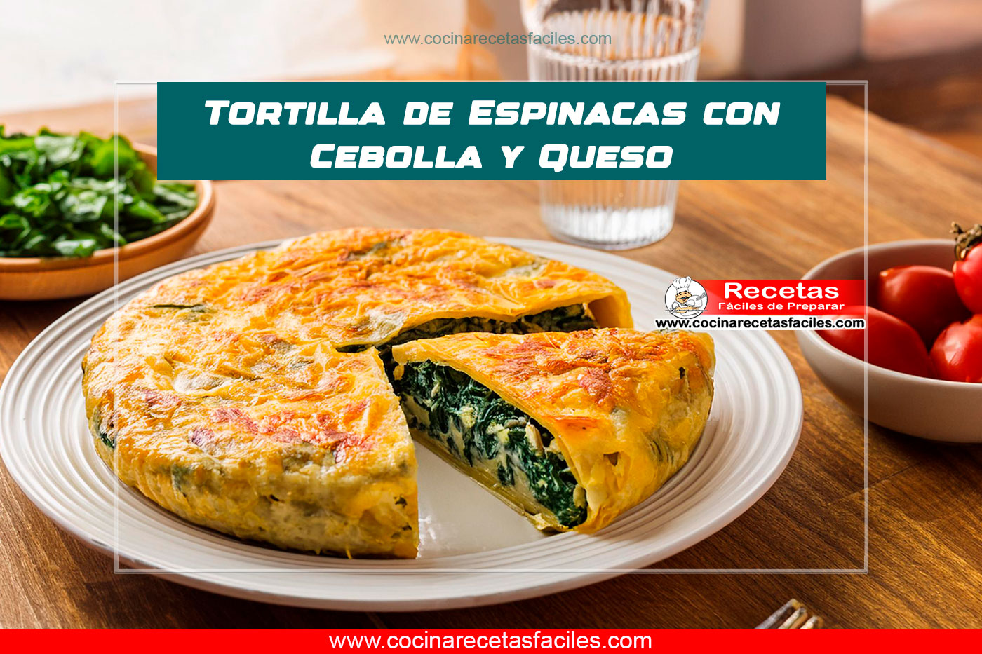 "Tortilla de espinacas con cebolla y queso, servida en un plato blanco con guarnición de ensalada fresca."
