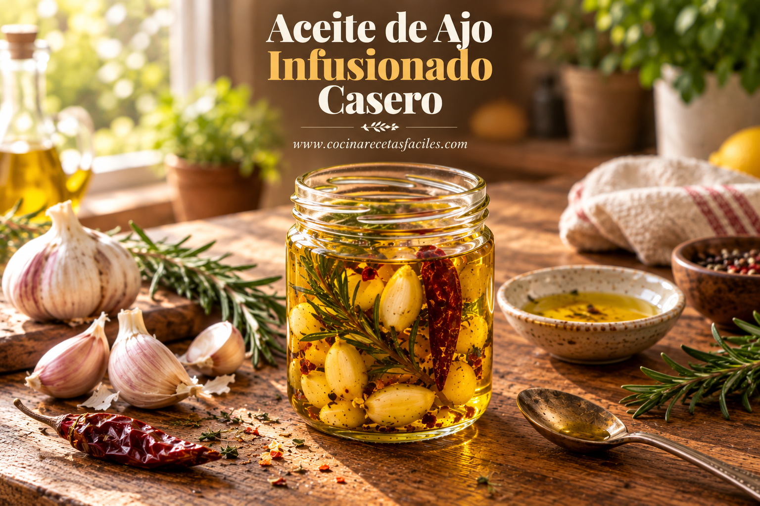 Frasco de aceite de oliva infusionado con ajo, romero fresco y chile seco, sobre mesa de madera junto a ventana con luz natural