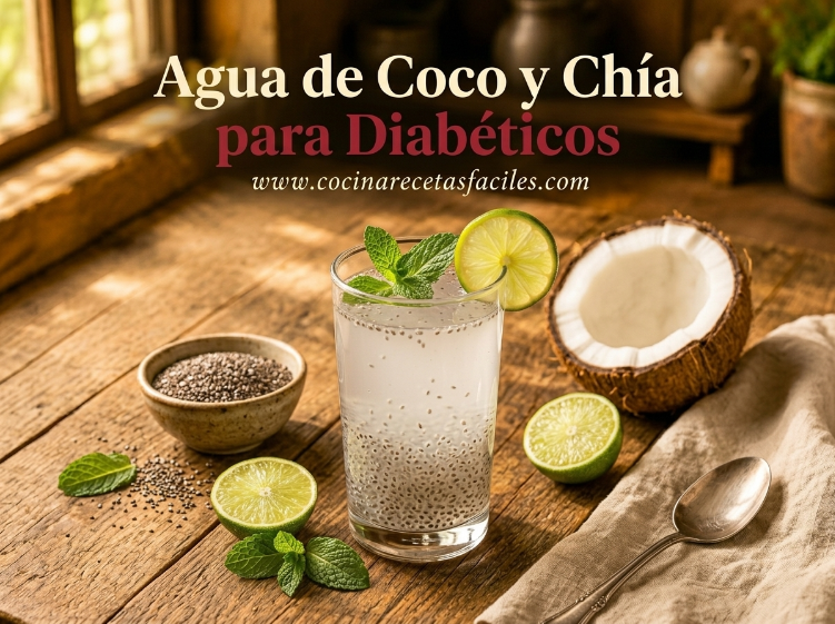 Vaso de agua de coco con semillas de chía hidratadas, decorado con menta fresca y rodaja de limón, sobre mesa de madera junto a una ventana con luz natural, receta saludable para diabéticos