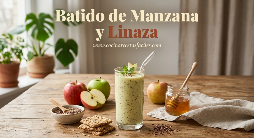 Vaso de licuado natural de manzana y linaza sobre mesa de madera junto a una ventana con luz natural, ideal para perder peso de forma saludable