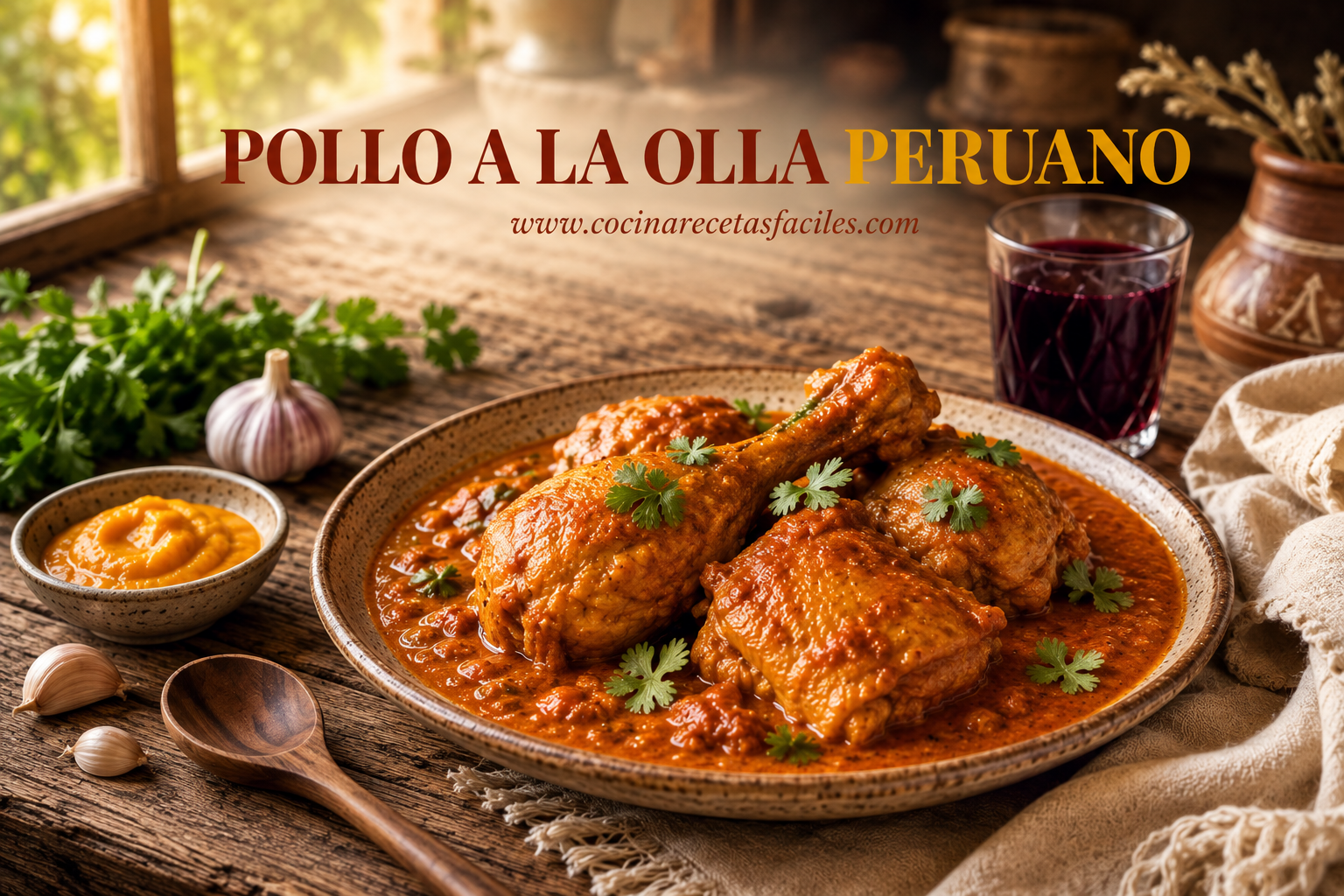 Pollo a la olla peruano bañado en salsa de ají panca, servido en plato de cerámica sobre mesa de madera junto a ventana con luz natural, receta tradicional peruana casera