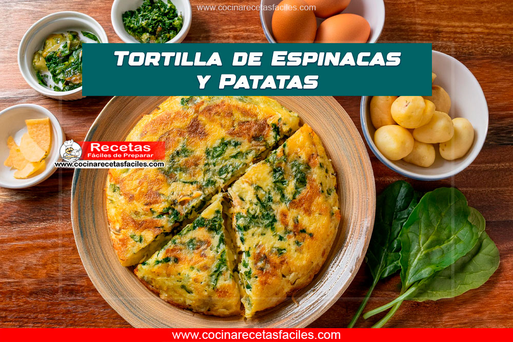 Tortilla de espinacas y patatas en un plato, cortada en porciones