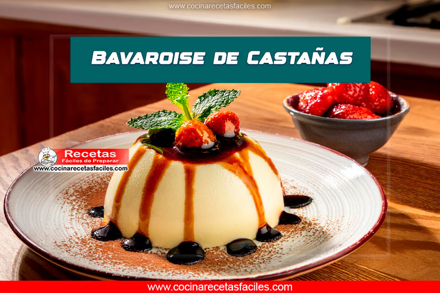 Bavaroise de castañas servida con salsa de chocolate y frutas rojas
