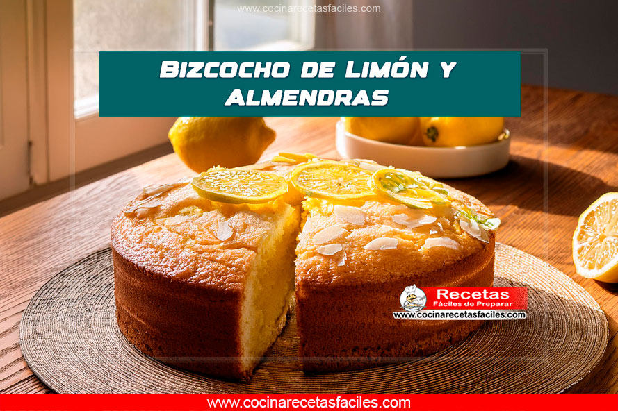 Bizcocho de limón y almendras decorado con azúcar glas y almendras laminadas