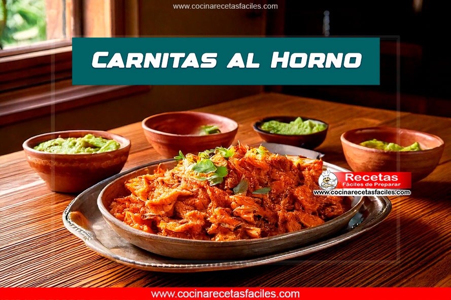 Carnitas al Horno crujientes, acompañadas de tortillas de maíz, salsa verde y guacamole.