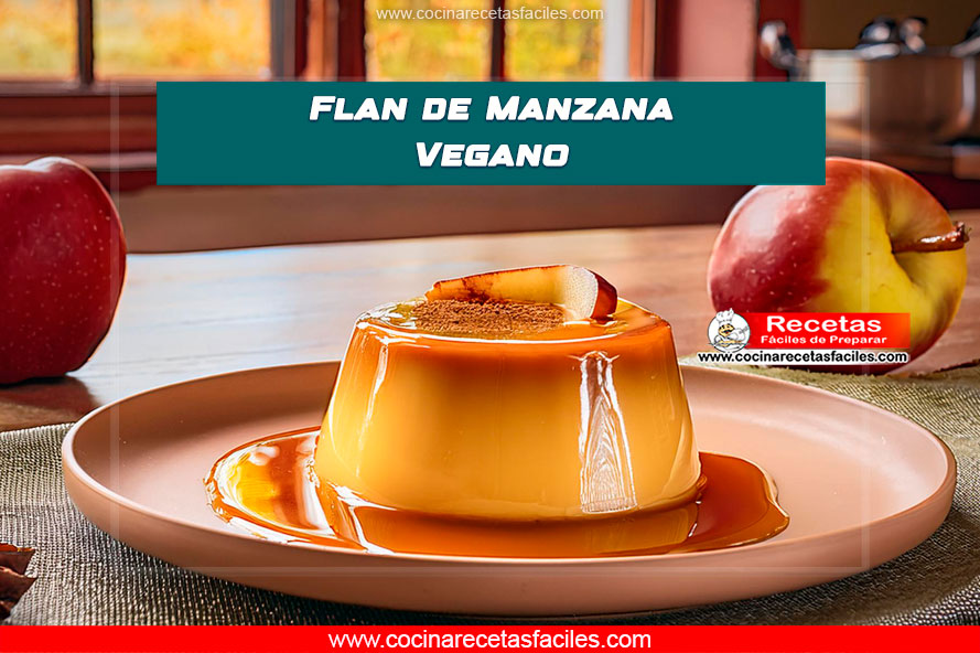 Flan de manzana vegano en un plato, cubierto con caramelo.