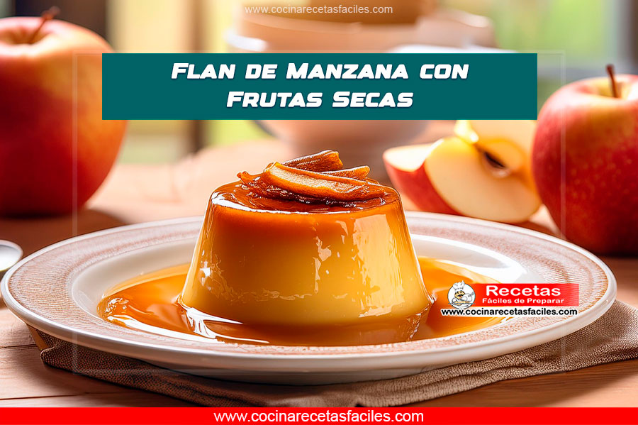 Flan de manzana con frutas secas servido en un plato de cerámica blanca.