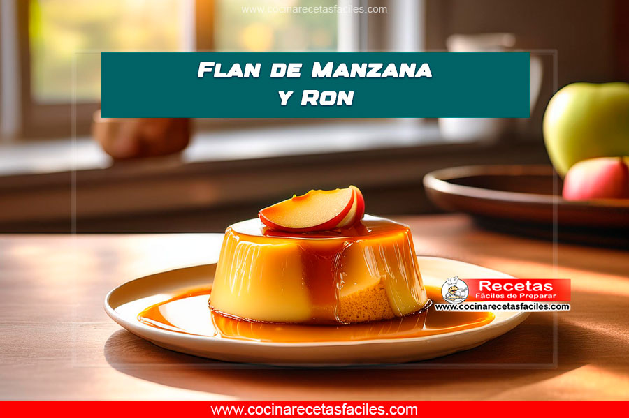 Flan de manzana con ron servido en un plato de cerámica blanca.