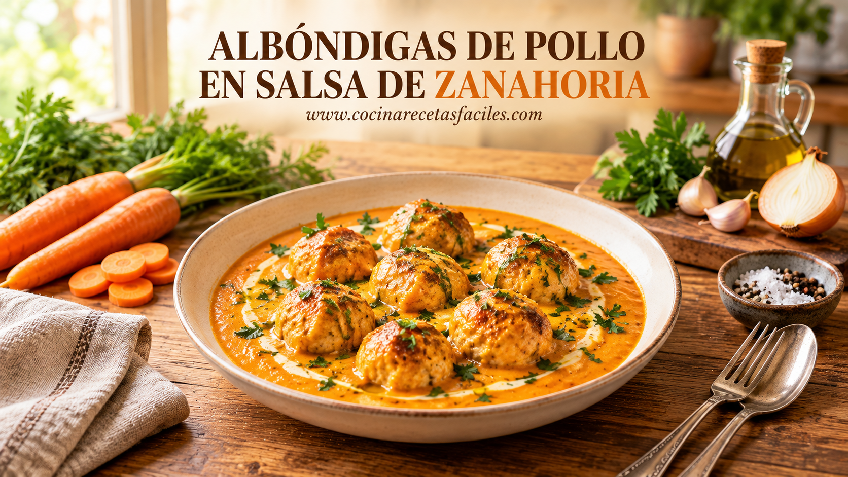 Plato de albóndigas de pollo doradas en salsa cremosa de zanahoria con perejil fresco sobre mesa de madera con luz natural de ventana
