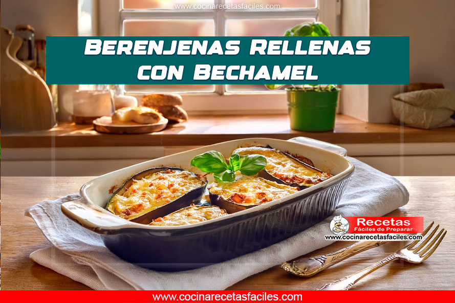 Berenjenas rellenas con bechamel gratinadas con queso y decoradas con albahaca fresca
