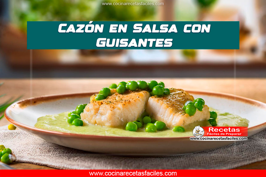 Cazón en salsa con guisantes servido en un plato