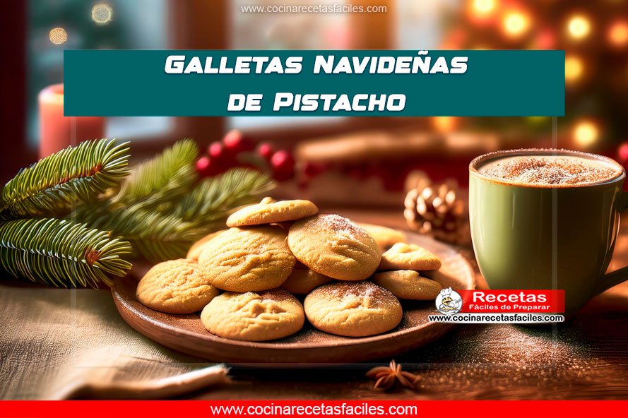 "Galletas navideñas de pistacho decoradas con azúcar glas, en una bandeja de madera con pistachos enteros y un ambiente festivo."