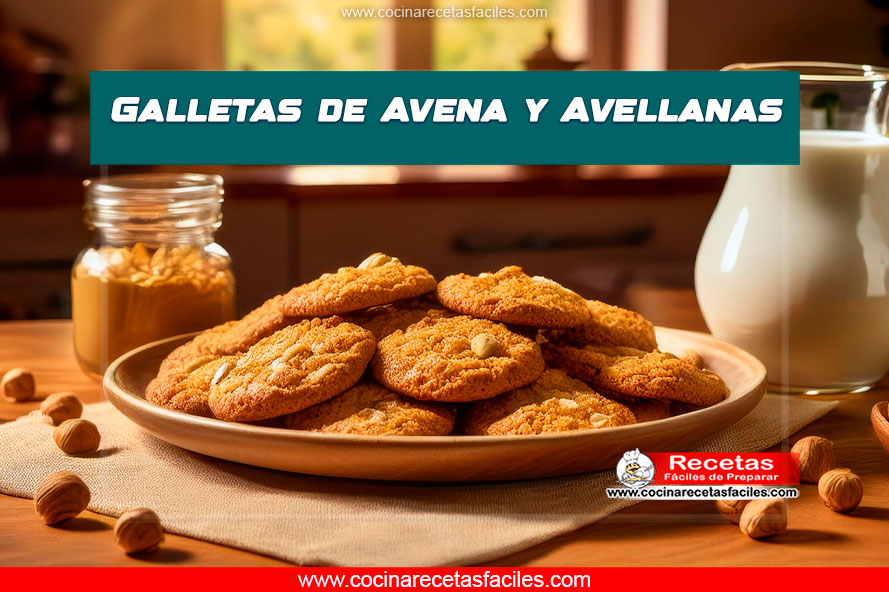 Galletas de avena y avellanas recién horneadas sobre una mesa de madera clara