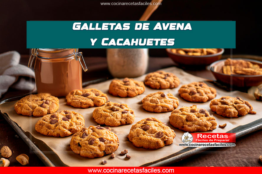 "Galletas de avena y cacahuetes recién horneadas con trocitos de cacahuetes y chispas de chocolate."