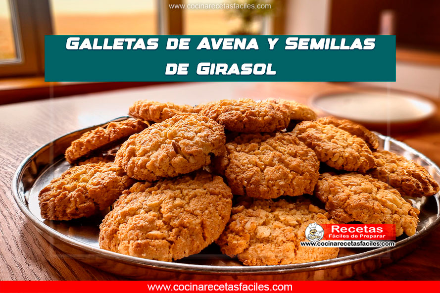 Galletas de avena y semillas de girasol recién horneadas, doradas y crujientes.
