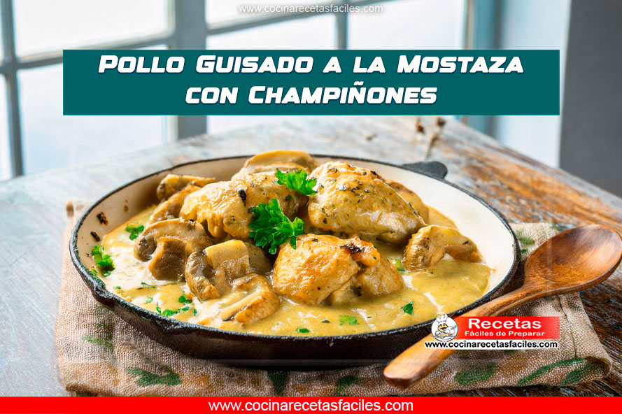 Pollo guisado a la mostaza con champiñones servido en una cacerola blanca