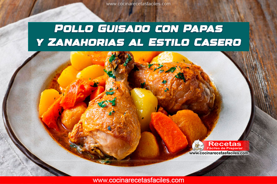 Plato de pollo guisado con papas y zanahorias, con pollo dorado y jugoso, servido en una cacerola blanca con hierbas frescas.