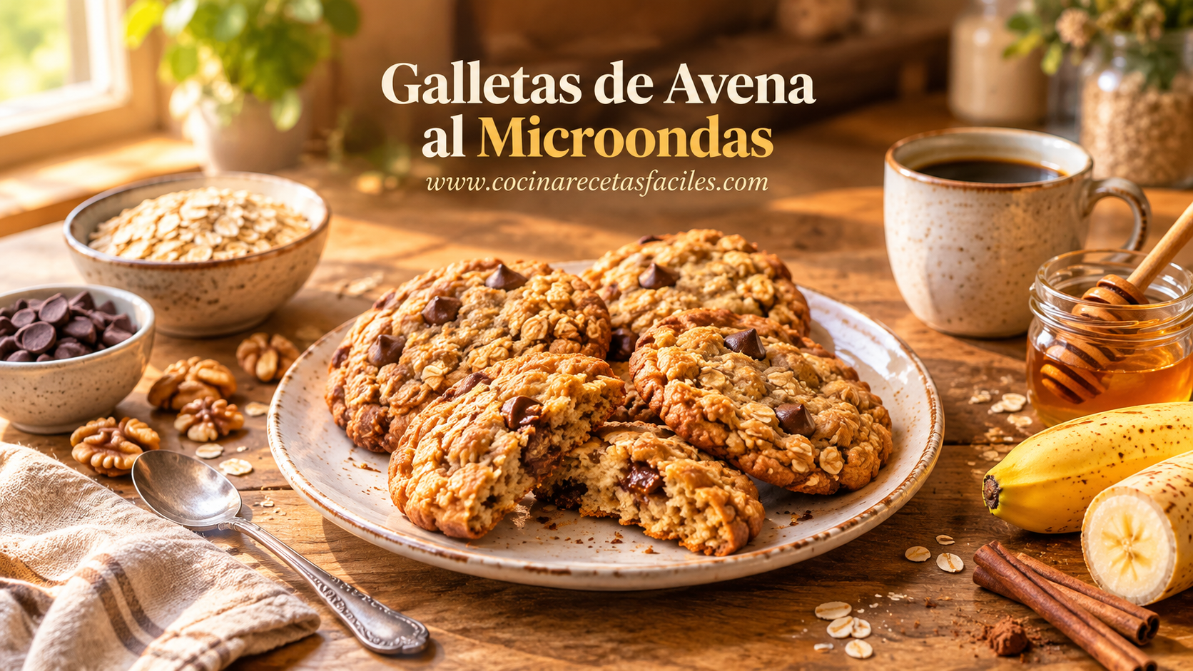 Galletas de avena al microondas caseras sobre un plato de cerámica con avena, miel, plátano, canela y chispas de chocolate sobre una mesa de madera junto a la ventana