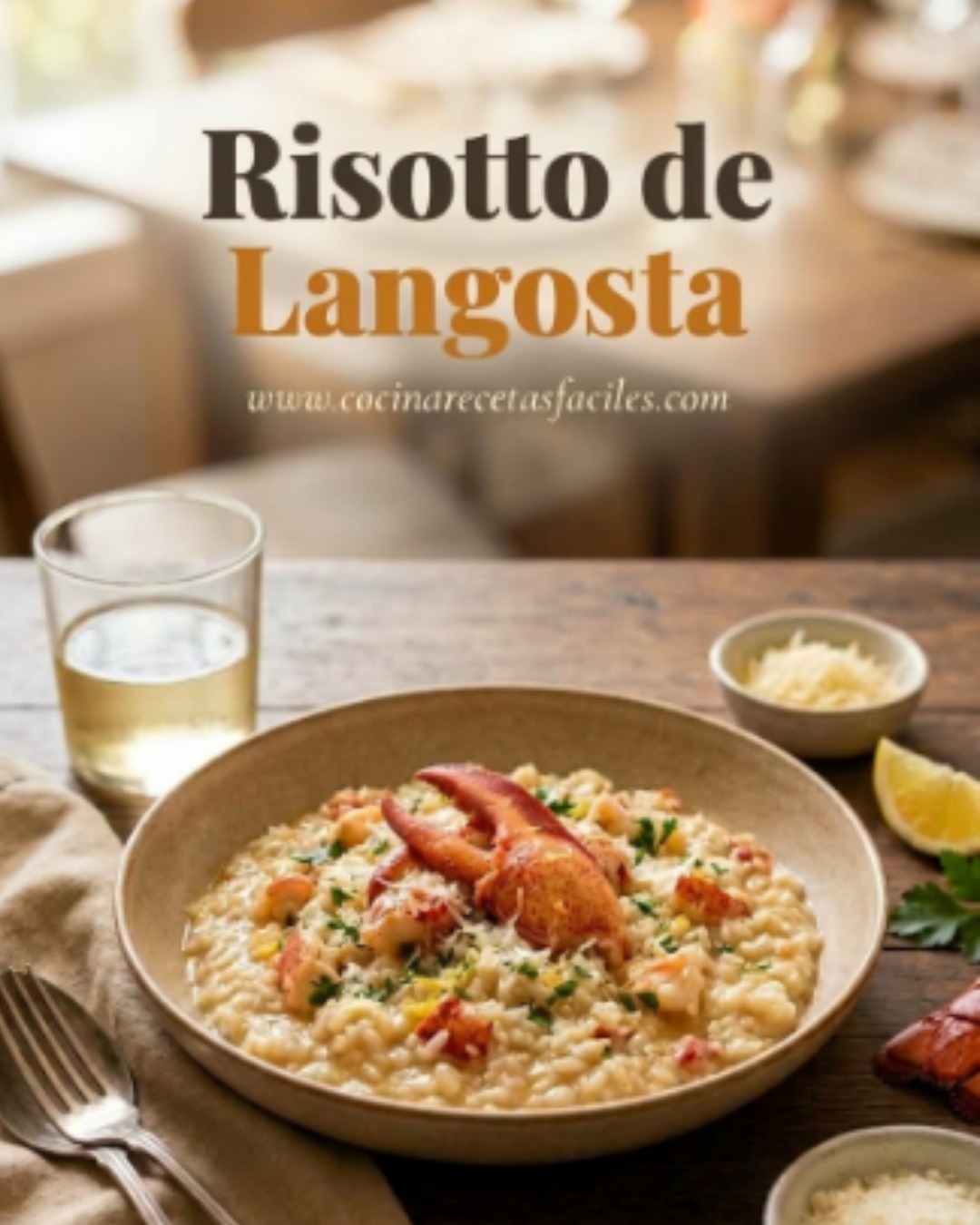 "Risotto de langosta cremoso servido en plato hondo con trozos de langosta, parmesano rallado y perejil fresco, receta gourmet italiana"