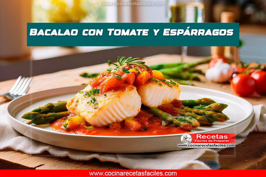 Bacalao con tomate y espárragos servido en plato rústico