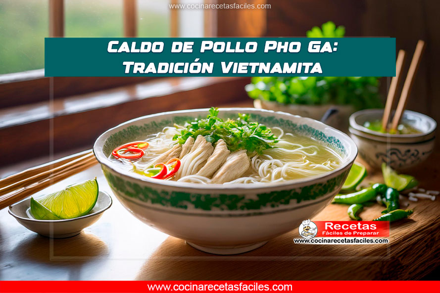 Tazón de Pho Ga (caldo de pollo vietnamita) con fideos de arroz, hierbas frescas y trozos de pollo desmenuzado.