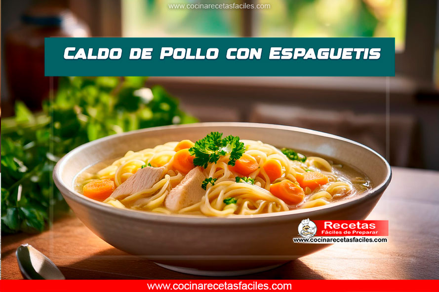 Plato de caldo de pollo con espaguetis decorado con perejil fresco