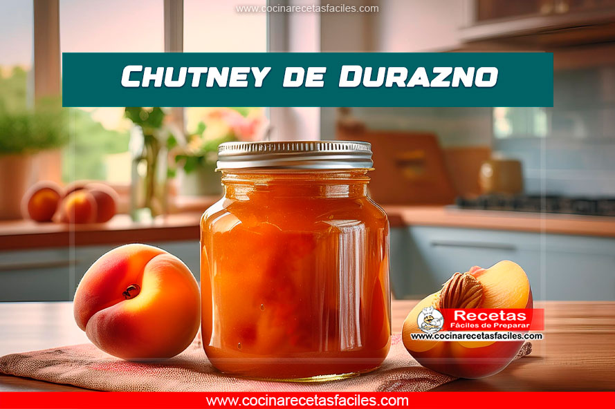 Chutney de durazno casero en frasco sobre mesa de madera