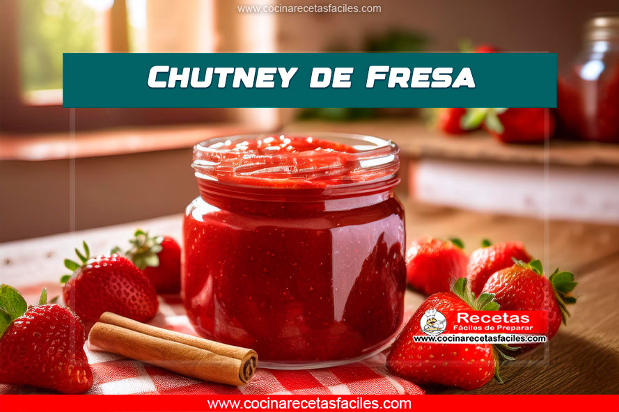 Chutney de fresa casero servido en un frasco de vidrio sobre una mesa de madera