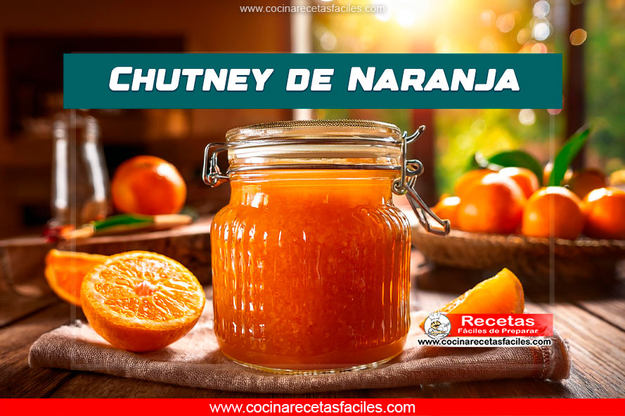Chutney de naranja casero en frasco de vidrio, servido sobre una mesa de madera