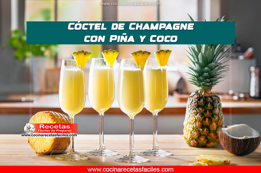 "Copas de champagne llenas con cóctel de piña y coco, decoradas con rodajas de piña, perfectas para brindar en Año Nuevo."