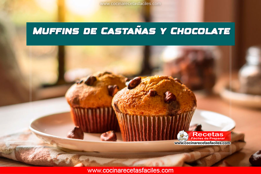 Muffins de castañas y chocolate sobre un plato blanco, acompañados de una taza de café