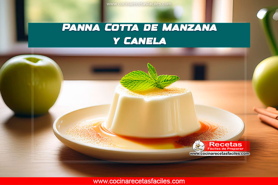 "Panna cotta con compota de manzana y canela, decorada con canela en polvo y una ramita de canela."