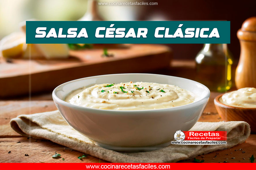"Salsa César cremosa en cuenco blanco sobre mesa de madera rústica con mantel beige."