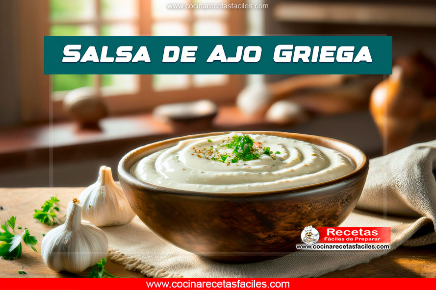 Salsa de ajo griega cremosa en un bol, decorada con perejil fresco