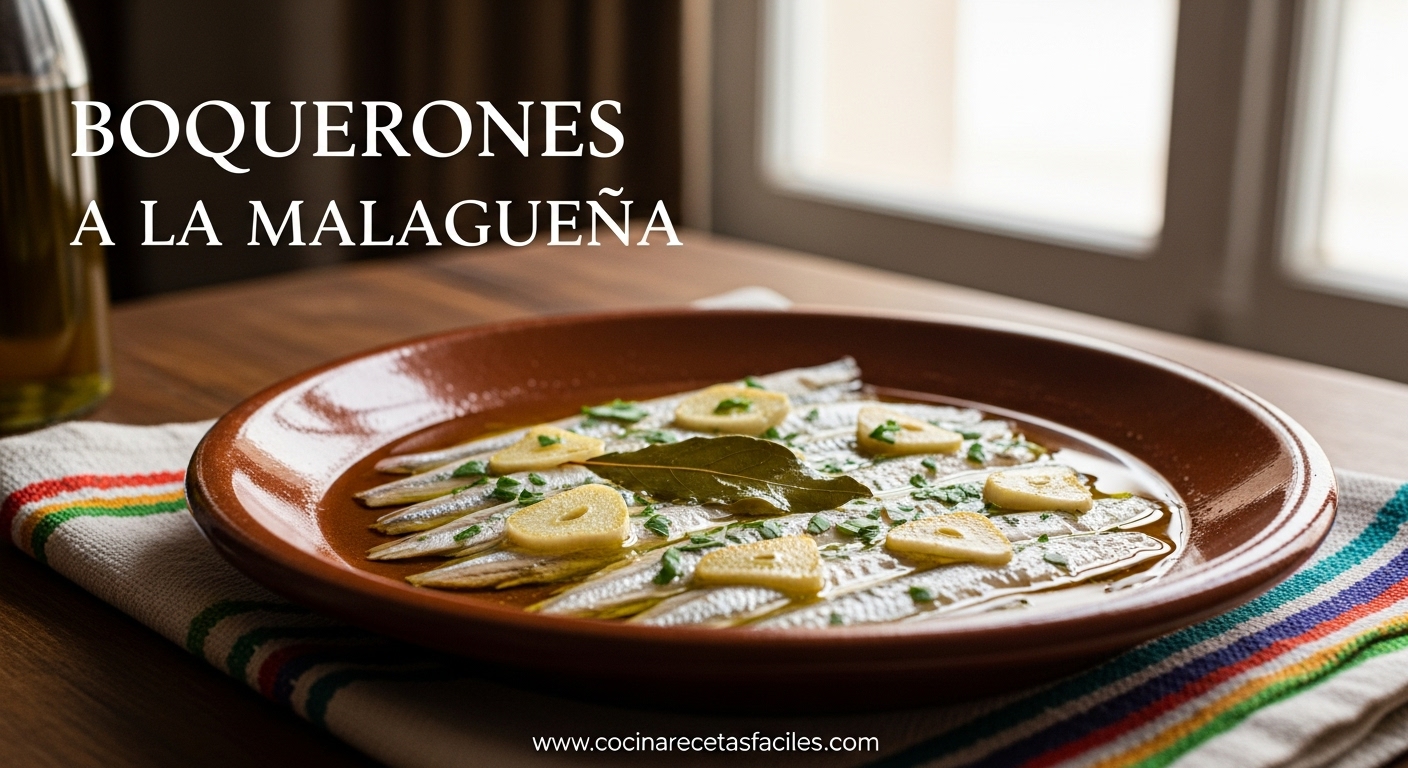 Boquerones a la malagueña servidos con ajo frito, aceite de oliva y perejil fresco sobre plato rústico