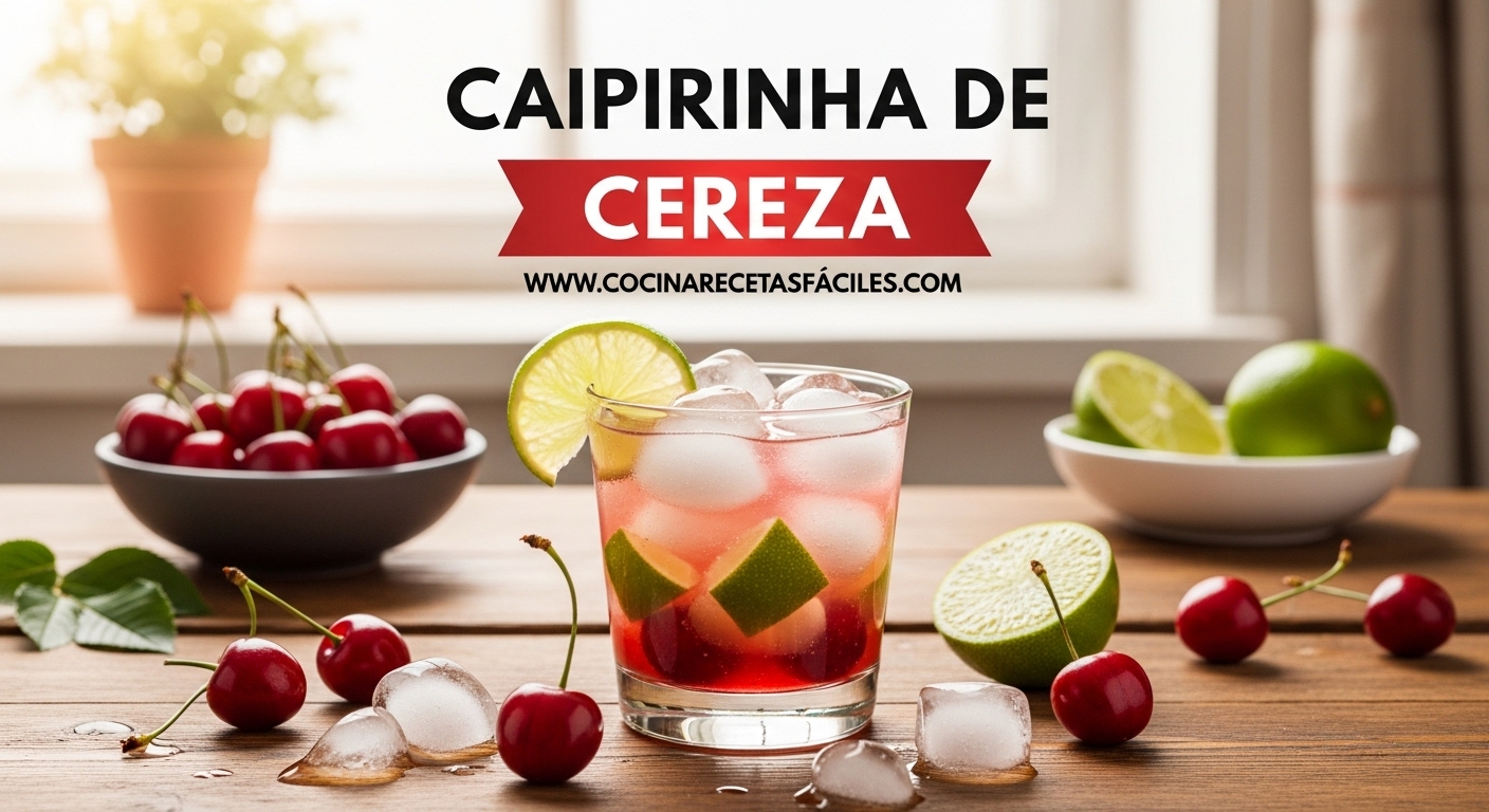 Caipirinha de cereza refrescante en vaso rocks con cerezas frescas, lima y hielo picado sobre mesa de madera